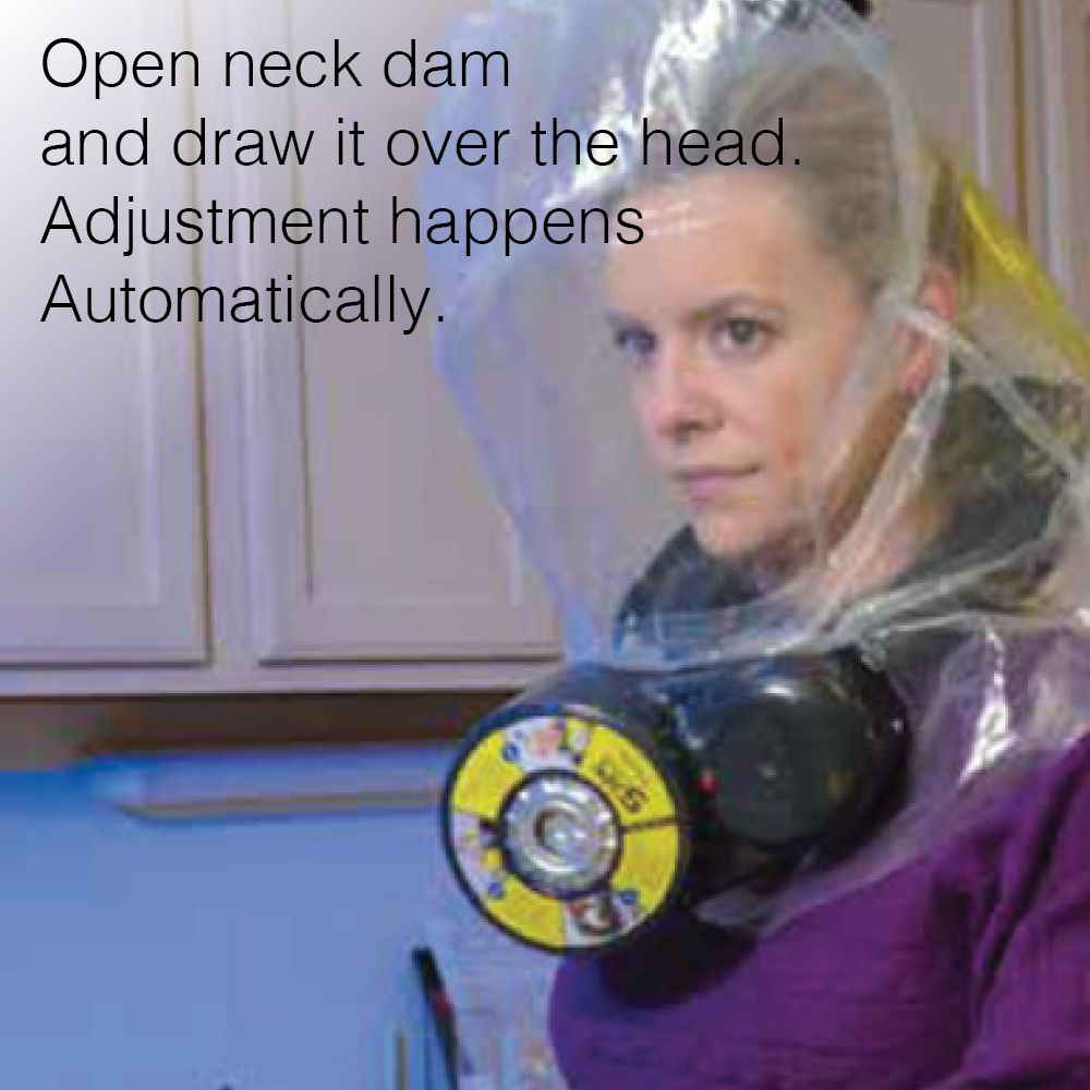 ILC Dover SCape Respirator - Open neck dam and draw it over the head. Adjustment happens automatically.